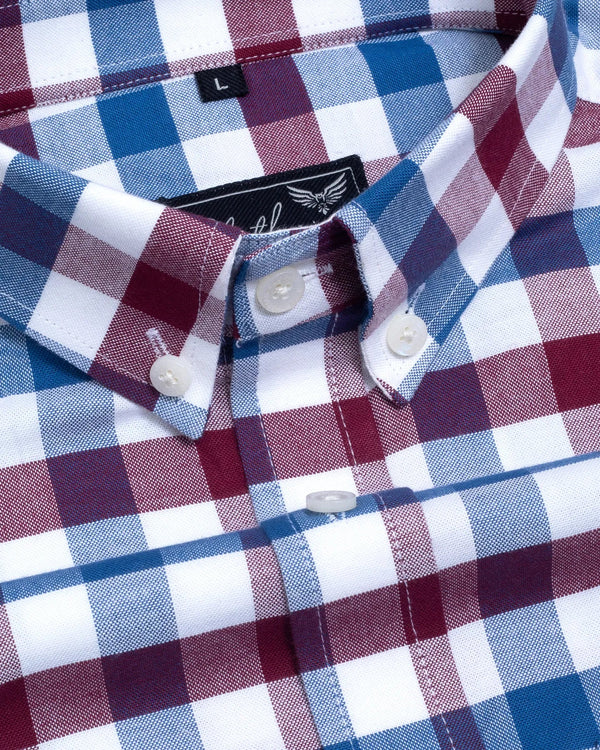 Red Blue With White Plaid Oxford Checks Cotton Shirt