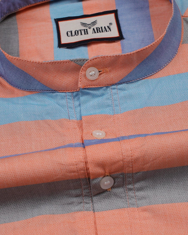 Light Blue With Orange Striped Short Sleeve Kurta Shirt