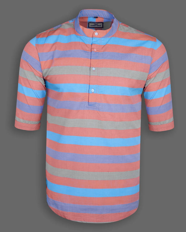 Light Blue With Orange Striped Short Sleeve Kurta Shirt
