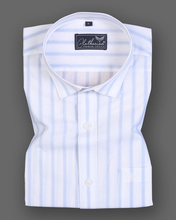 Bright White With Lavender Grey Striped Half Sleeve Cotton Shirt