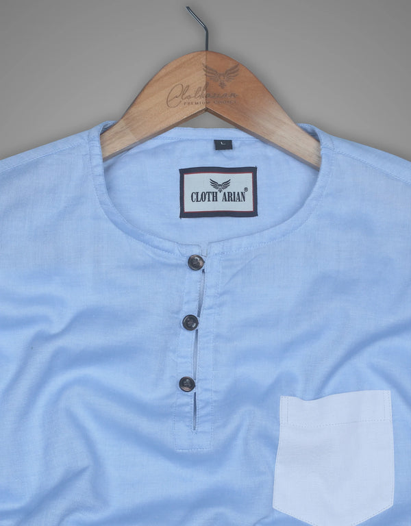 Double Cloth Sky Blue Color Short Sleeve Kurta Shirt