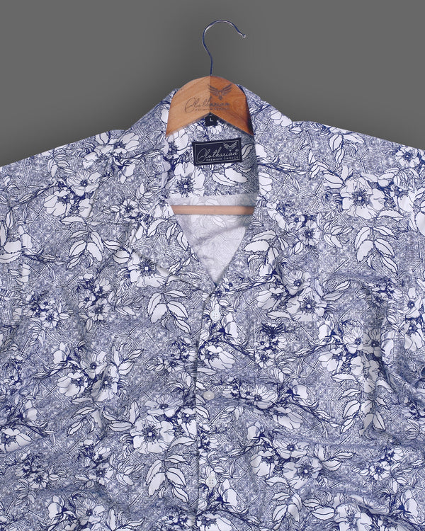 Navy Blue And White Floral Printed Half Sleeve Cotton Shirt
