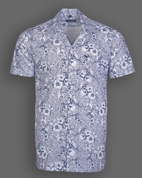 Navy Blue And White Floral Printed Half Sleeve Cotton Shirt