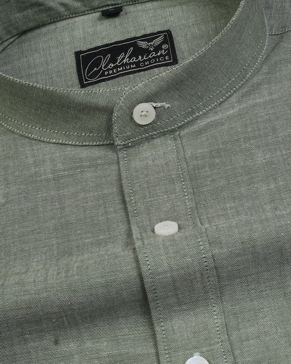Highland Green Formal Solid Mandarin Collar Cotton Shirt