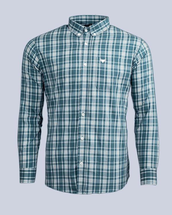Pine Green With White Formal Checks Super Soft Button Down Cotton Shirt
